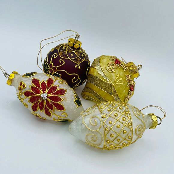 4 Embellished Frosted Glass Christmas Ornaments Elongated Poinsettia Holly Gold - Picture 1 of 11